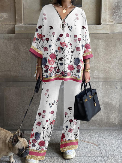 

Women's Elegant Rose Red Floral Print Zipper V-neck Suit, White, Suits