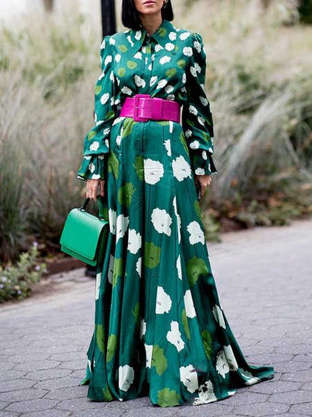 

Vacation Long Sleeve Printed Shirt Collar Dress, Green, Maxi Dresses