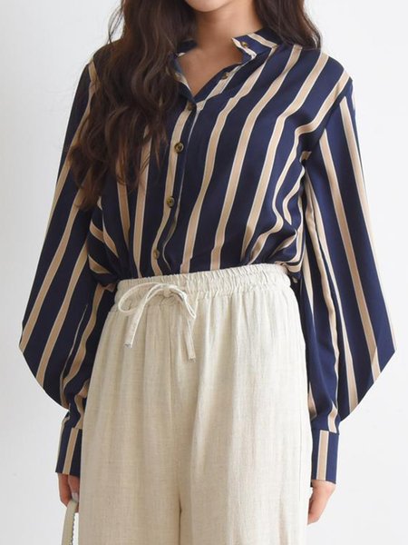 

Striped Regular Fit Stand Collar Shirt, Blue, Blouses and Shirts