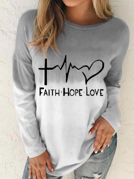 

Long Sleeve Ombre Casual Letter T-shirt, Gray, T-Shirts