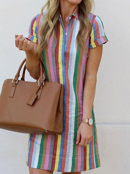 Short Sleeve Striped Casual Shirt Collar Dresses, Multicolor, Mini Dresses