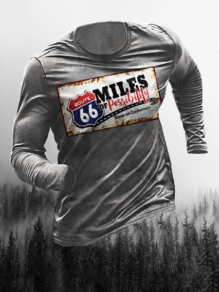 

Route 66 Cultural Graphic Print Round Neck Long Sleeve Tee, Gray, T-shirt
