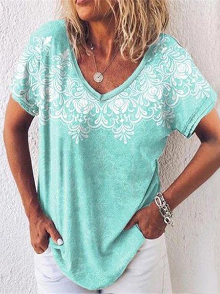 

Mandala Printing V Neck Cotton Blends Shirts & Tops, Blue, T-Shirts