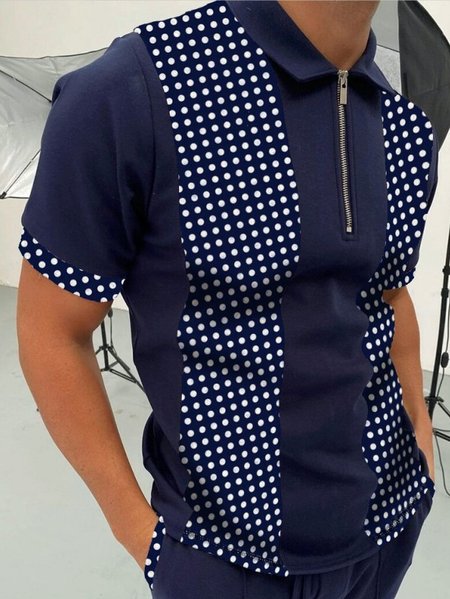 

Men's Polka Dot Print Zip Collar Short Sleeve Casual Polo Shirt, Purplish blue, Men's t-shirts