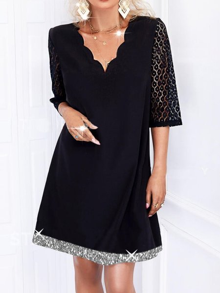 

Casual Three Quarter V Neck Plus Size Dress, Black, Mini Dresses