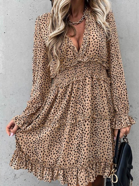 

Leopard Casual V Neck Loosen Dresses, As picture, Casual Dresses