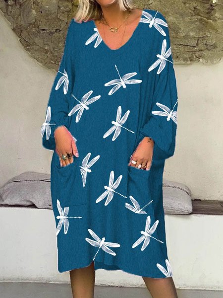 

Casual Dragonfly Cotton Blends Printed Dresses, Blue, Midi Dresses