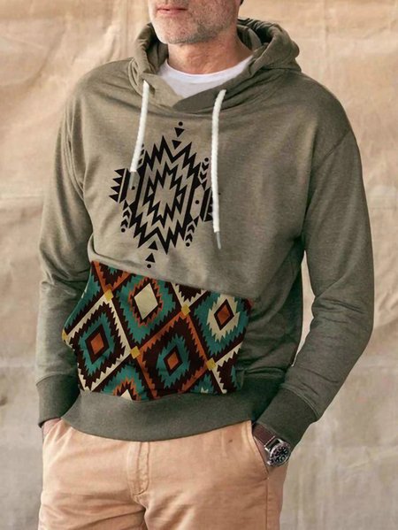 

Men's Folk Pattern Hooded Sweatshirt, Brown, Hoodies