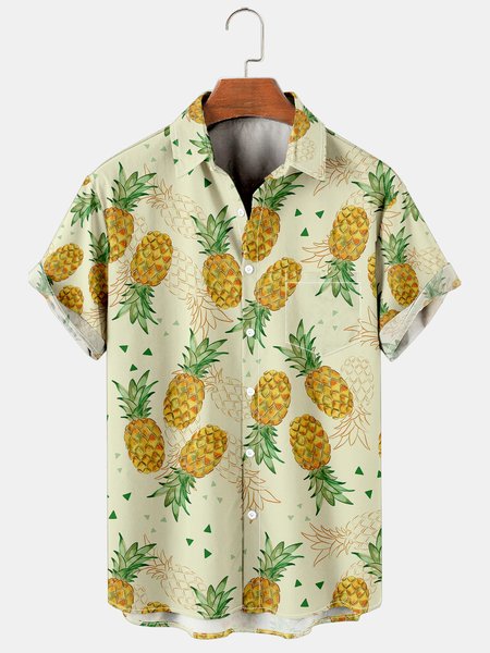 

Mens Tropical Pineapple Print Casual Breathable Chest Pocket Short Sleeve Hawaiian Shirts, Yellow, Men's Floral shirt