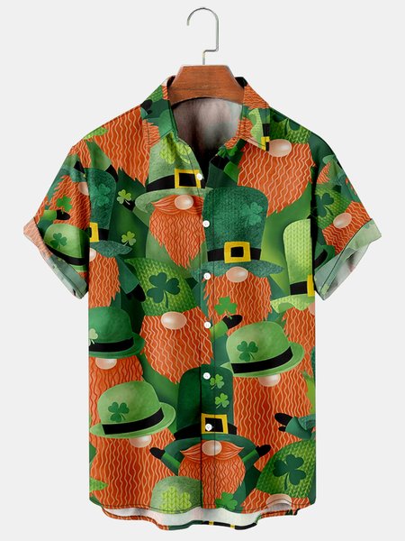 

Mens St Patrick’s Day Leprechaun Shamrock Print Casual Breathable Short Sleeve Hawaiian Shirts, Green, Shirts ＆ Blouse