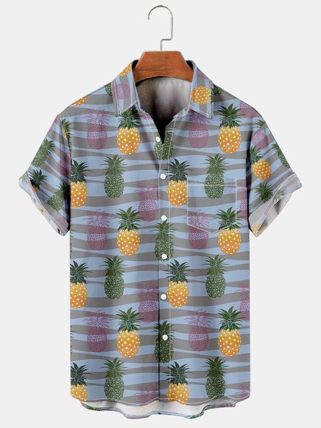 

Mens Tropical Pineapple Print Casual Breathable Chest Pocket Short Sleeve Hawaiian Shirts, Blue, Shirts ＆ Blouse