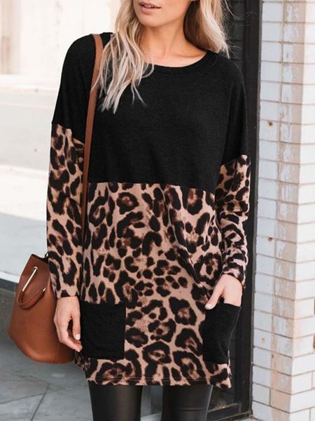 

Leopard Casual Loosen Crew Neck Long Sleeve Mini Dresses, Midi Dresses