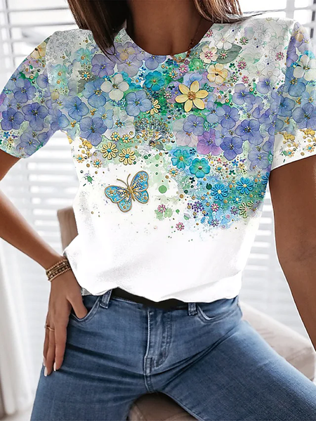 

Butterfly Floral Casual Vacation Cotton blends Short sleeve Shirts & Tops, White, Tops