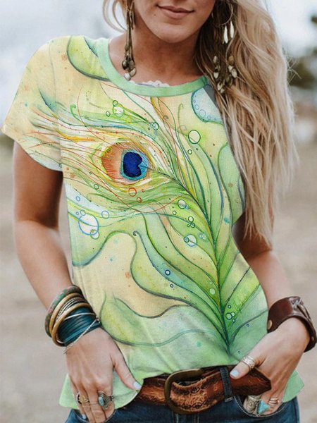 

Short sleeve crew neck geometric gradient feather Print Blouse T-shirt Plus Size, Green, Tops