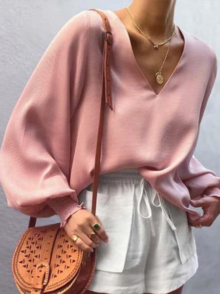 

V Neck Elegant Loosen Solid Top, Pink, Blouses and Shirts