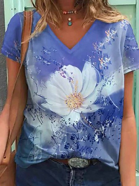 

Long sleeve V-neck geometric flower gradient loose vacation casual top T-shirt Plus Size, Blue, Tops