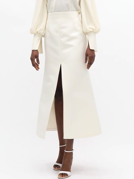 

Elegant Slit Solid Formal Skirt, Cream, Midi Skirts