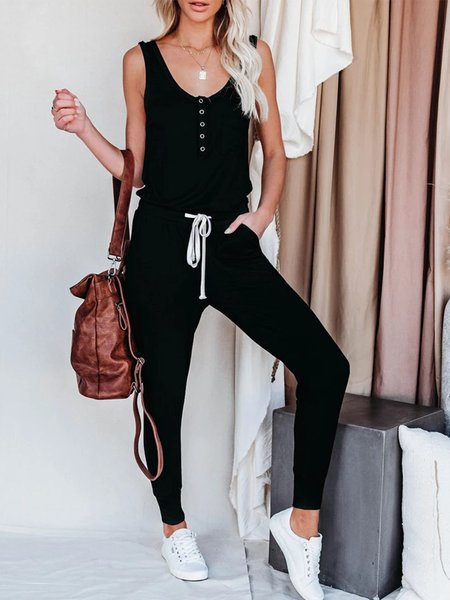 

Casual V Neck Solid Sleeveless One-Pieces Jumpsuits, Black, Jumpsuits