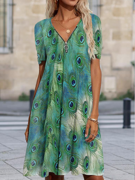 

Short sleeve V-neck zipper style gradient peacock feather a-hem loose dress middle group, Green, Casual Dresses