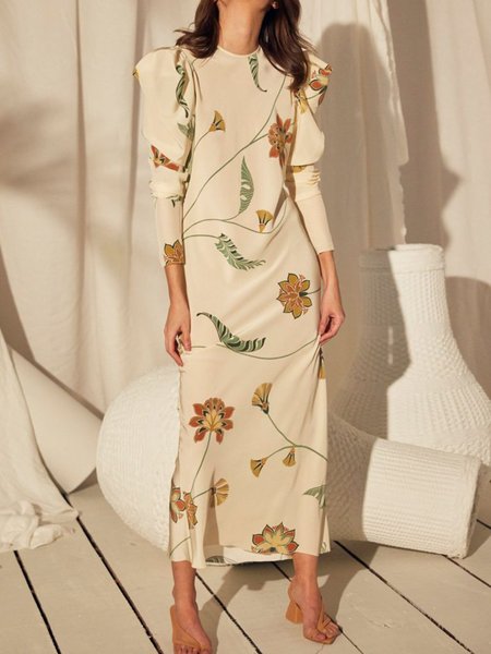 

Elegant Crew Neck Floral Long sleeve Dress, Apricot, Midi Dresses