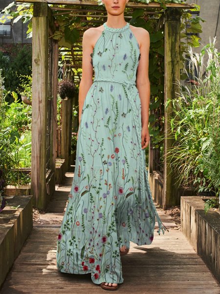 

Elegant Floral Print Details Halter Neck Maxi Dress, Lightgreen, Maxi Dresses