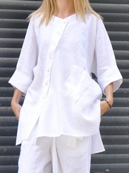 

Loose casual all-match cotton and linen irregular patch pocket blouse women, White, Blouses & Shirts