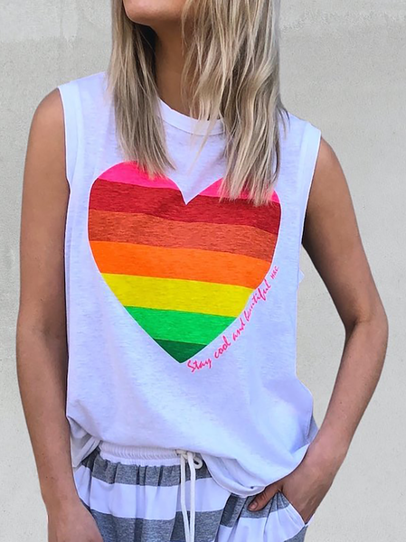 

Plus size Printed Casual Sleeveless Vests, White, Tank Top
