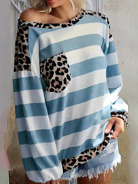 

Striped Loosen Casual Shirts & Tops, Lightblue, Long sleeve tops