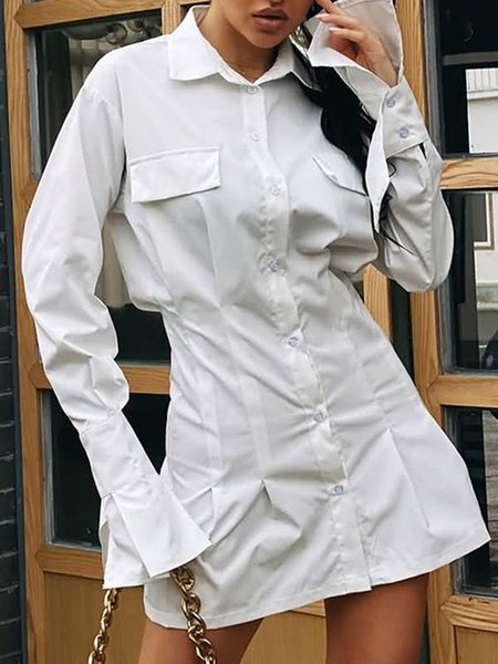 

Elegant Shirt Collar Regular fit White Work Dress, Mini Dresses