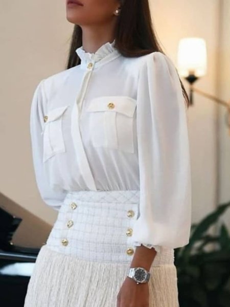 Solid Regular Fit Elegant Stand Collar Shirt, White, Tops