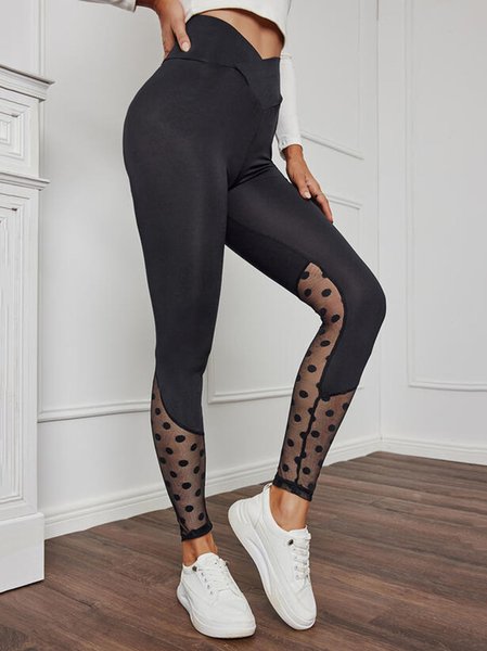 

See-through Look Polka Dots Skinny Pants, Black, Leggings