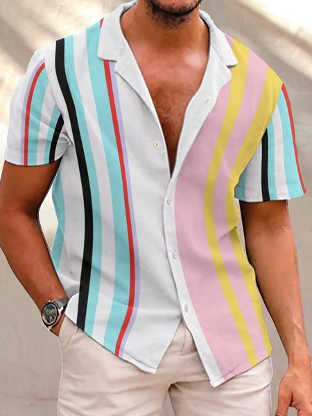 

Men Color Stripes Vintage Short Sleeve Shirts, White, Short Sleeves Shirts