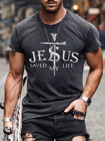 

Casual slim cross digital printing round neck pullover men's T-shirt, Deep gray, Men's Top
