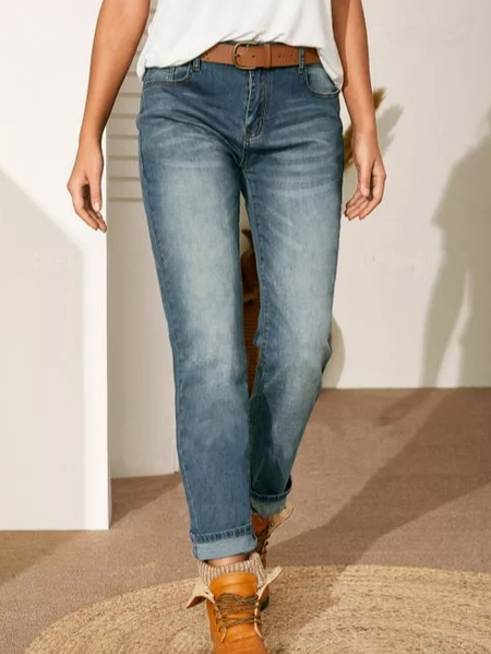 

Straight Pockets Mid Waist Polyester Jeans Pants, Blue, Jeans