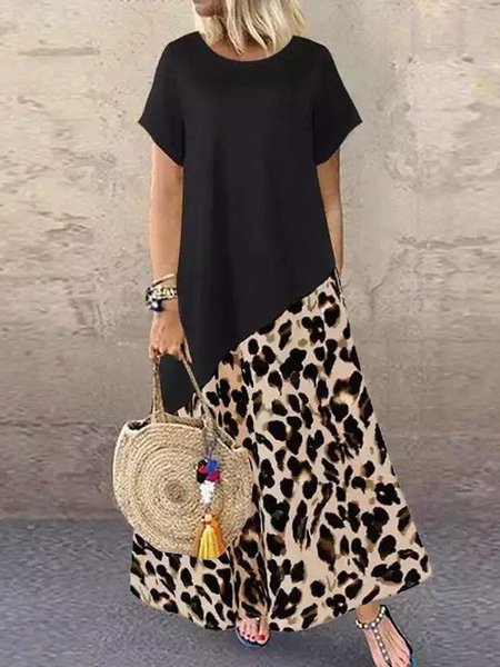

Leopard Print Casual Short Sleeve Round Neck Loosen Maxi Dresses, Black, Casual Dresses