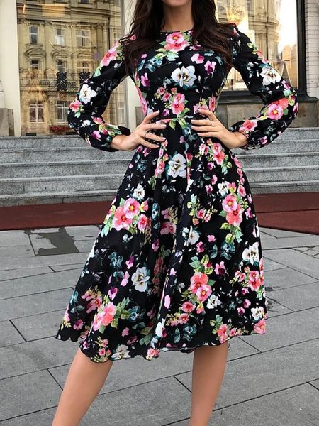 

Floral Elegant Crew Neck Long sleeve Dress, Black, Midi Dresses