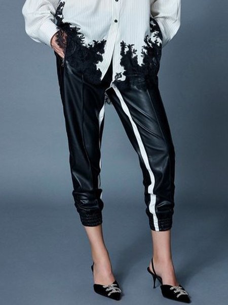 

Pu leather Slim Fit Color Block Pants, Black, Skinny Leg Pants