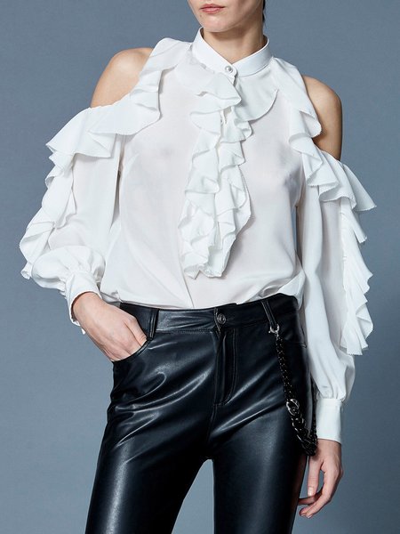 

Elegant Off The Shoulder Solid Flouncing Top, White, Blouses and Shirts