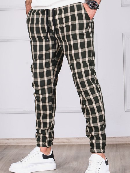 

Men's Plaid Drawstring Casual Jogging Casual Pants, Khaki, Men's pants