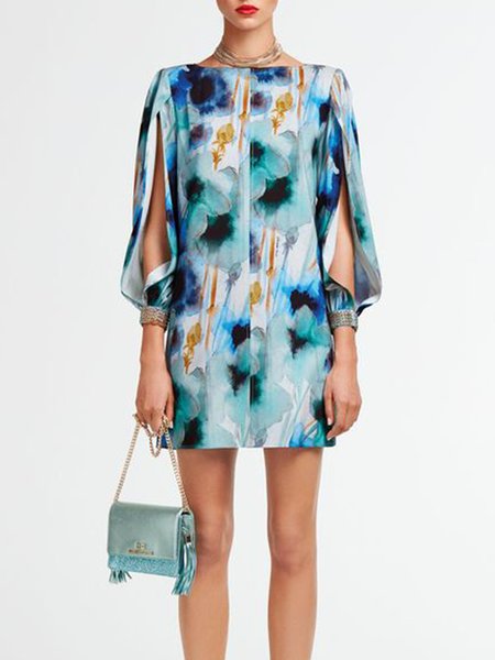 

Floral Boat Neck Regular Fit Mini Dress, Blue, Mini Dresses