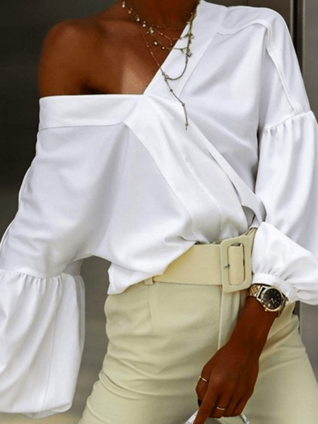 

Spring V neck Long sleeve Simple Daily Lightweight Tops, White, Blouses and Shirts