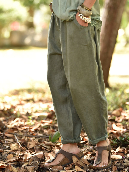 

Plain Regular Fit Cotton Blends Casual Pants, Green, Pants