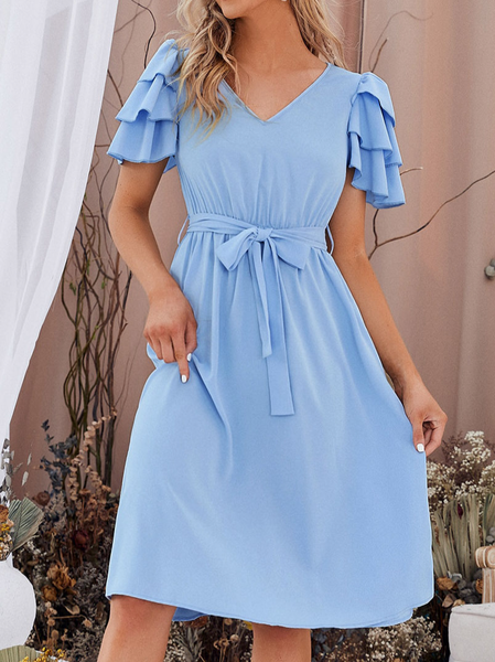 

V Neck Regular Fit Dresses, Blue, Casual Dresses