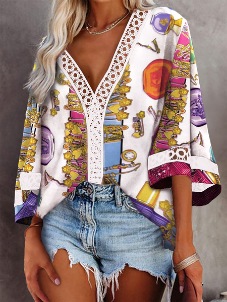 

Plus size Casual V Neck Printed Shirts & Tops, Multicolor, Tops