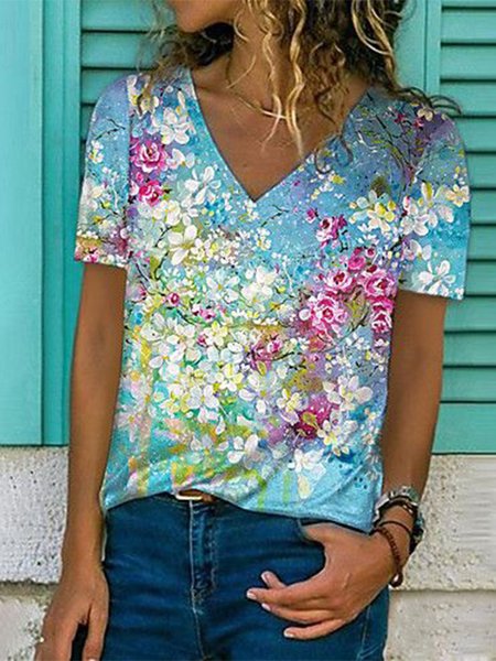 

V Neck Floral Vacation Shirts & Tops, Multicolor, Tops