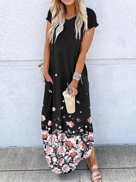 

Floral Short Sleeve V-Neck Maxi Dress - Black, Maxi Dresses