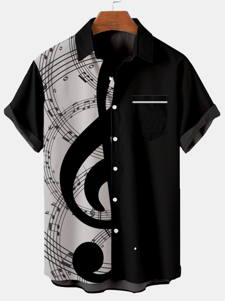 

Vacation Leisure Music Element Musical Note Pattern Hawaiian Style Printed Shirt Top, Black, Shirts ＆ Blouse