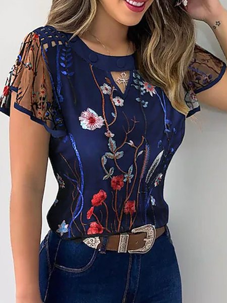 

Floral Elegant Crew Neck Shirts & Tops, Multicolor, Tops