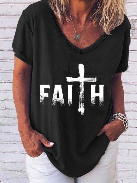 

Short Sleeve Letter V Neck Casual Shirts & Tops Graphic T-shirts For Women, Black, T-Shirts