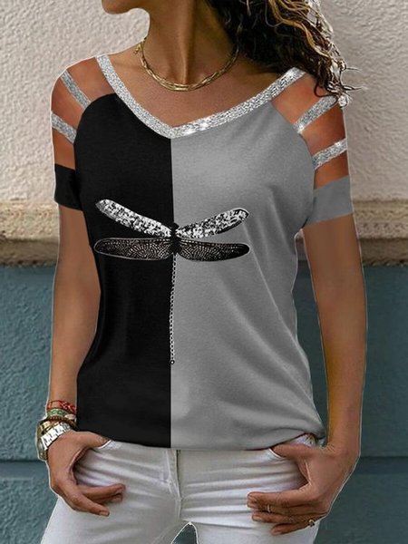 

Casual Cotton Blends V Neck Color Block Dragonfly Shirts & Tops, Black-grey, Tees & T-shirts